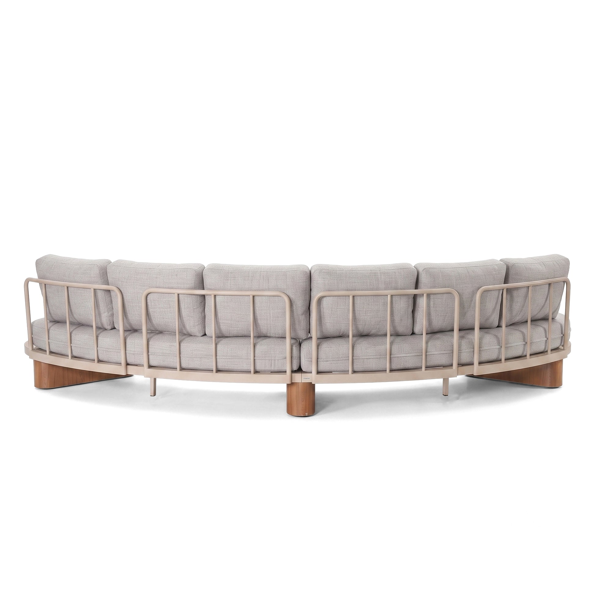 Rear view of a curved sectional sofa with wooden slat frame on a white background.
