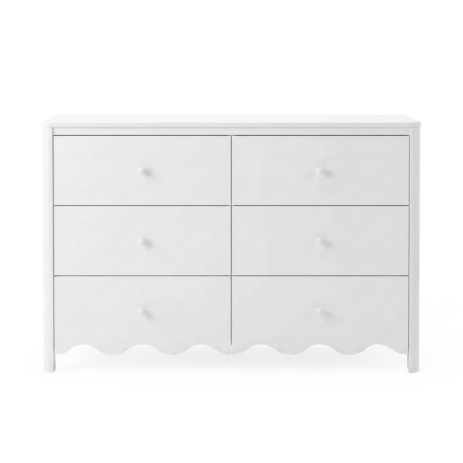 Modern white six-drawer dresser on a clean white background