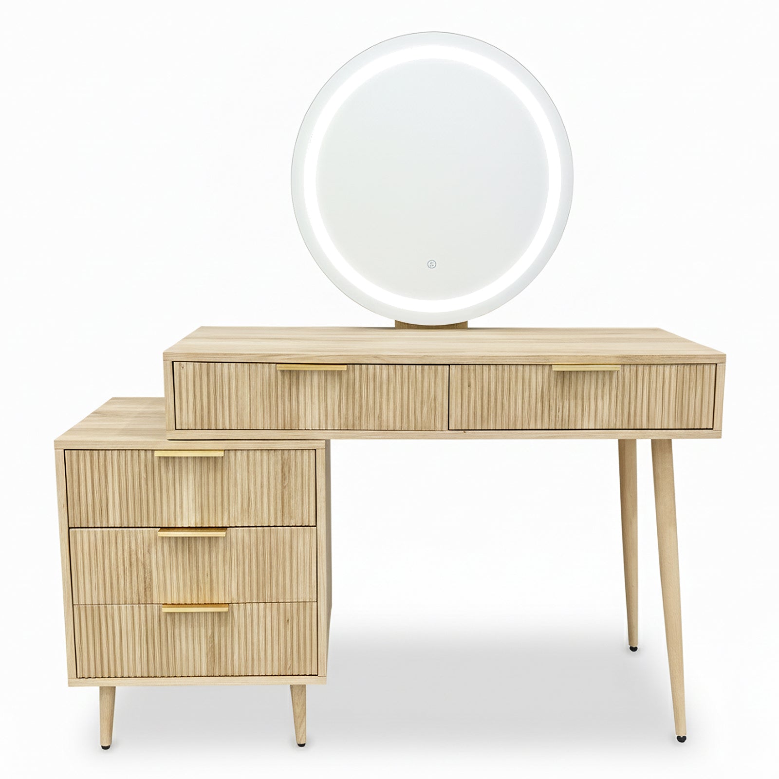 Serenity Dressing Table with Touch Screen Mirror in Natural features a minimal-modern design with a stepped desk, tapered legs, fluted drawers, and a central LED mirror for a sleek, organized beauty setup.