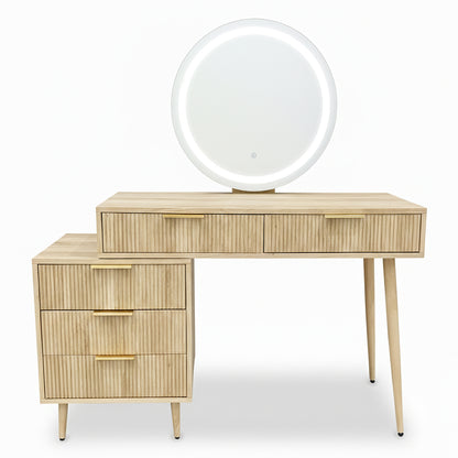Serenity Dressing Table with Touch Screen Mirror in Natural features a minimal-modern design with a stepped desk, tapered legs, fluted drawers, and a central LED mirror for a sleek, organized beauty setup.