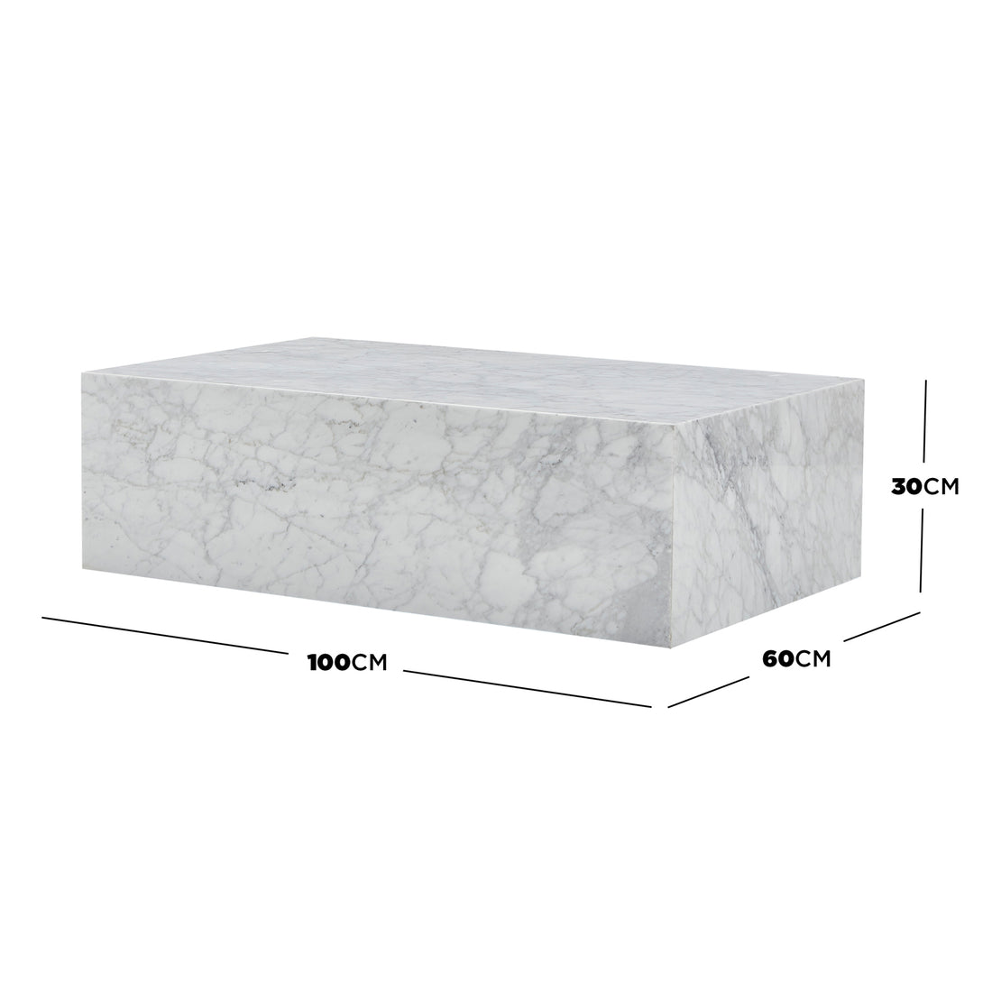 Solene 100cm Coffee Table in Carrara, showcasing its white/gray marble surface with distinct veining. Dimensions noted: 100cm length, 60cm depth, 30cm height, highlighting its sleek, refined design.