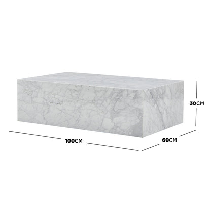 Solene 100cm Coffee Table in Carrara, showcasing its white/gray marble surface with distinct veining. Dimensions noted: 100cm length, 60cm depth, 30cm height, highlighting its sleek, refined design.