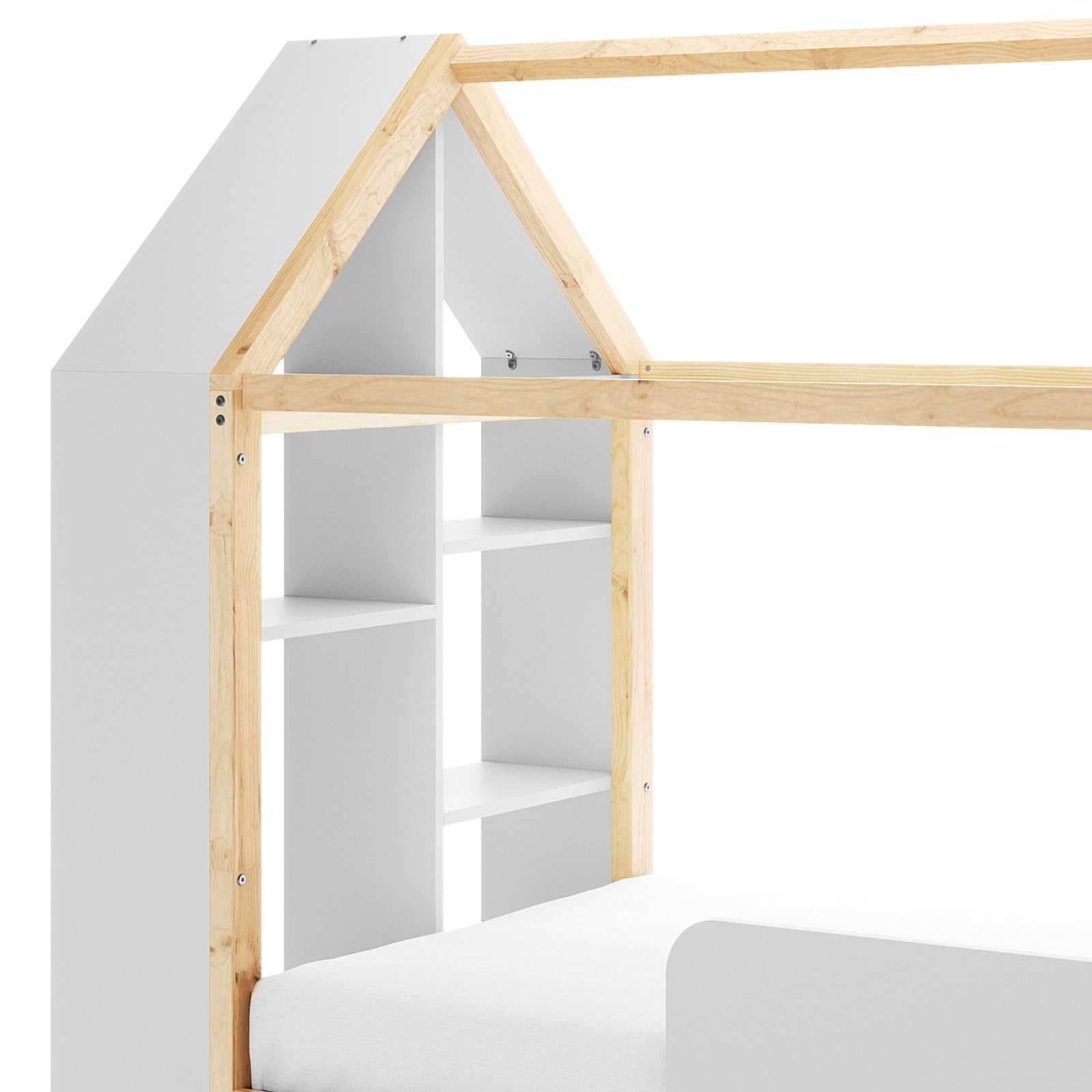 Haron Single Cubby House Bed Storage in White & Natural features a house-shaped wooden frame with a peaked roof, integrated white cubby shelves, and a low-profile mattress platform for a playful and organized bedroom.
