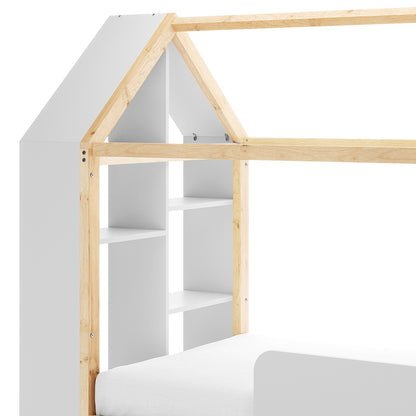 Haron Single Cubby House Bed Storage in White & Natural features a house-shaped wooden frame with a peaked roof, integrated white cubby shelves, and a low-profile mattress platform for a playful and organized bedroom.