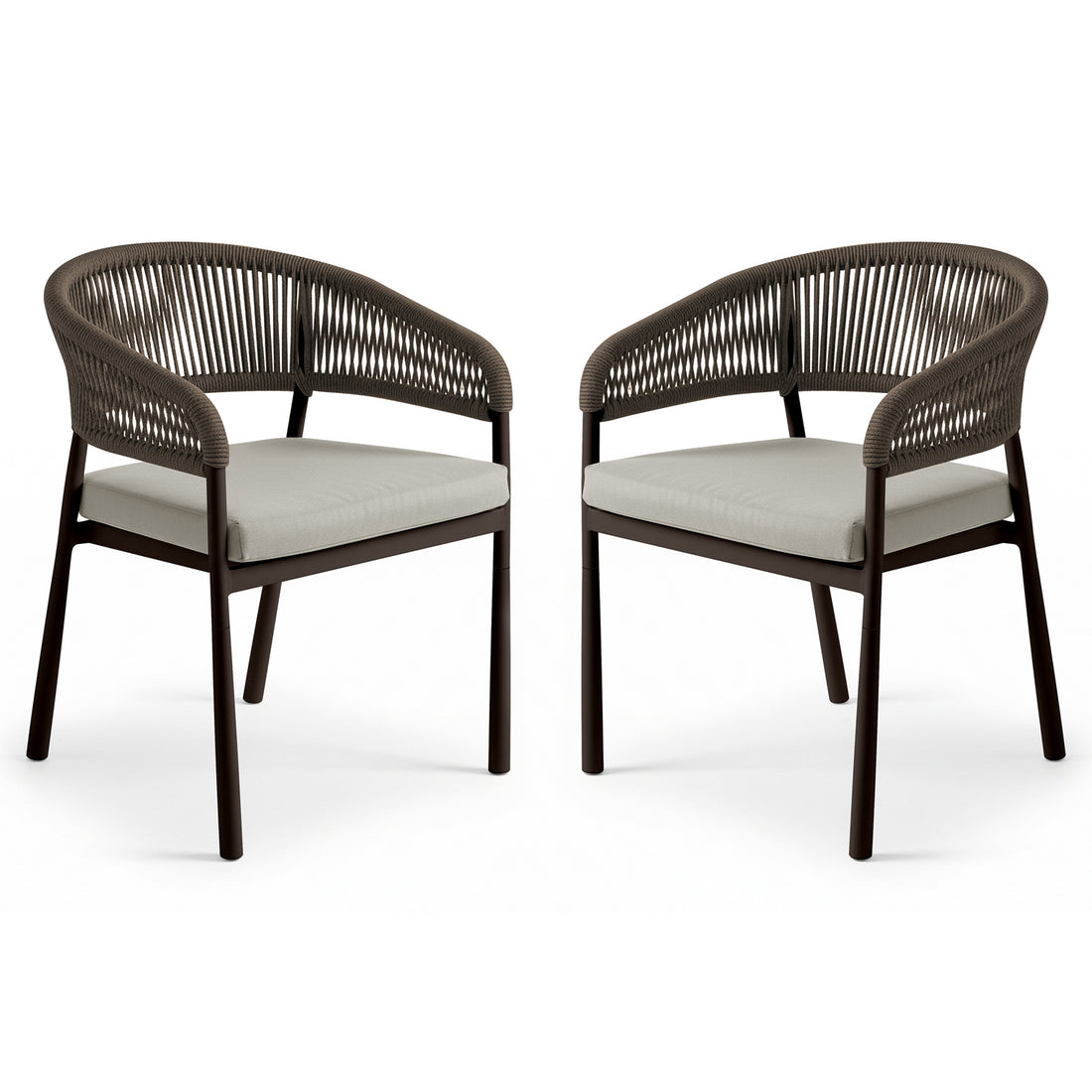Coastal Outdoor Rope Dining Chairs Set of 2 in Brown showcasing dark-brown metal frames, rope-woven backrests, and light-gray seat cushions; modern style suitable for both indoor and outdoor settings.