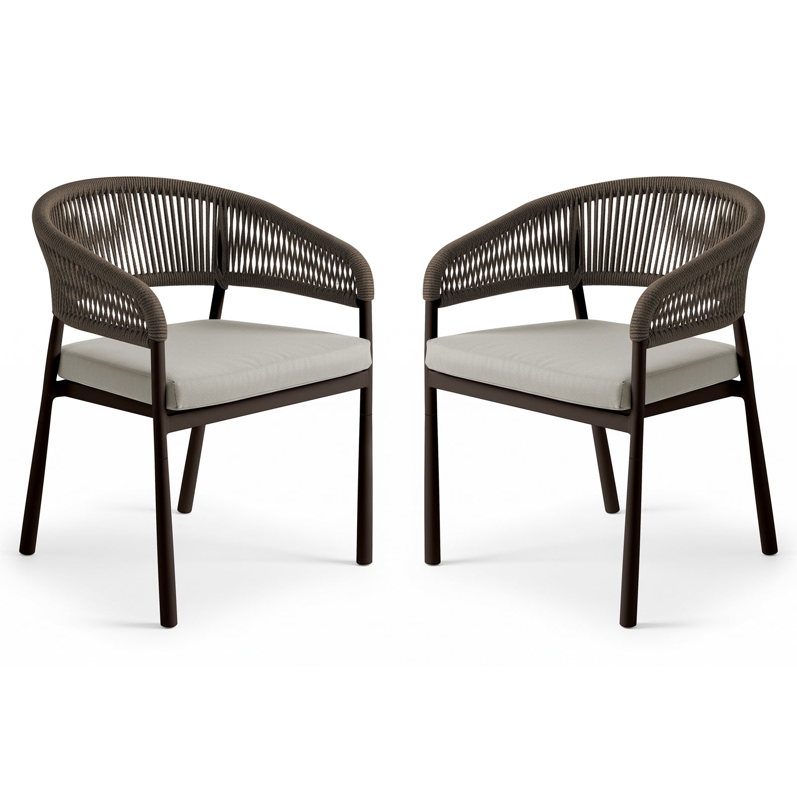 Coastal Outdoor Rope Dining Chairs Set of 2 in Brown showcasing dark-brown metal frames, rope-woven backrests, and light-gray seat cushions; modern style suitable for both indoor and outdoor settings.