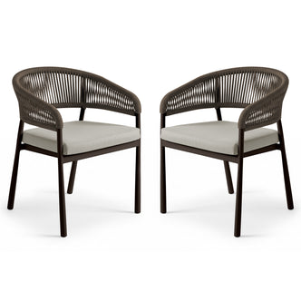 Coastal Outdoor Rope Dining Chairs Set of 2 in Brown showcasing dark-brown metal frames, rope-woven backrests, and light-gray seat cushions; modern style suitable for both indoor and outdoor settings.