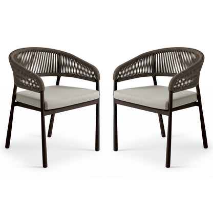 Coastal Outdoor Rope Dining Chairs Set of 2 in Brown showcasing dark-brown metal frames, rope-woven backrests, and light-gray seat cushions; modern style suitable for both indoor and outdoor settings.
