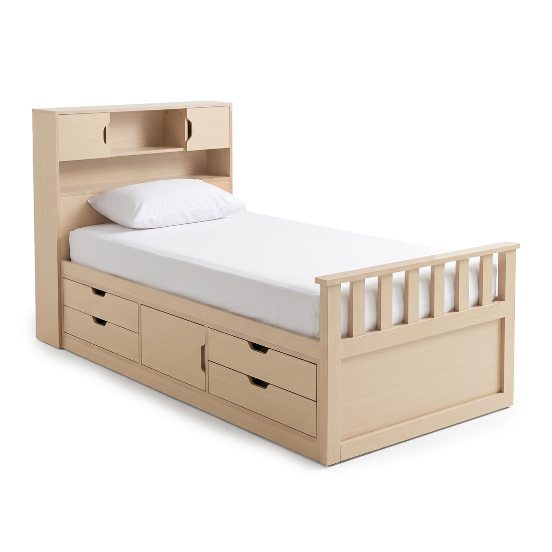 Light wood single bed with headboard shelves and under-bed drawers on a white background