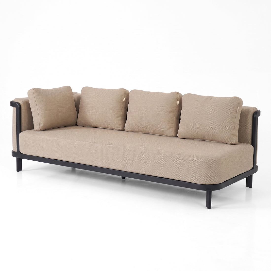 Beige sofa with black frame on white background.