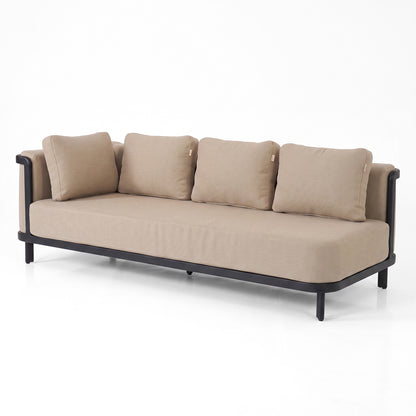 Beige sofa with black frame on white background.