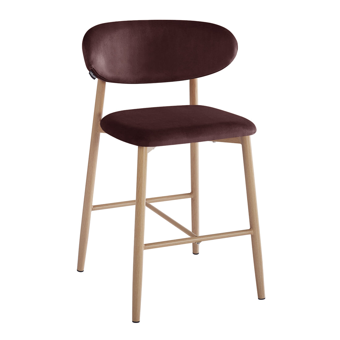 Audrey Fabric Upholstered Barstool Set of 2 in Dark Plum featuring light-wood legs, integrated footrest, and plush burgundy upholstery, designed for stylish comfort at kitchen counters or home bars.