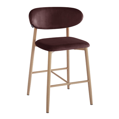Audrey Fabric Upholstered Barstool Set of 2 in Dark Plum featuring light-wood legs, integrated footrest, and plush burgundy upholstery, designed for stylish comfort at kitchen counters or home bars.