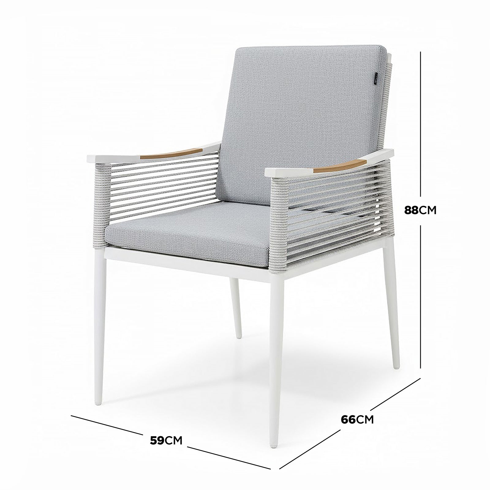 Casara 9 Piece Outdoor Dining Set in White and Grey features a sleek design with a metal frame, light-gray rope-wrapped sides, wooden arm accents, and cushioned seating, perfect for stylish alfresco dining.