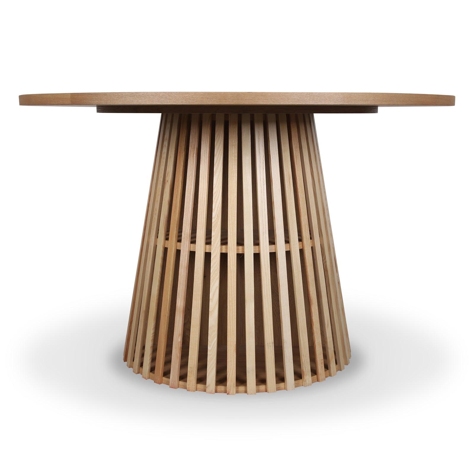 Riri 120cm Round Fluted Wood Dining Table in Oak features a smooth, circular top and a distinctive fluted conical base of vertical slats, offering a clean, modern aesthetic.