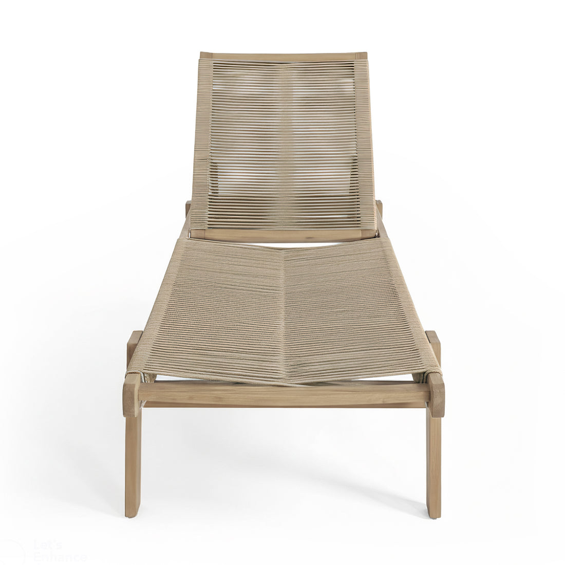 Aureli Hardwood Acacia Reclining Sun Lounger in Beige features a low wooden frame with a woven cord seat and backrest, offering adjustable reclining for outdoor relaxation.
