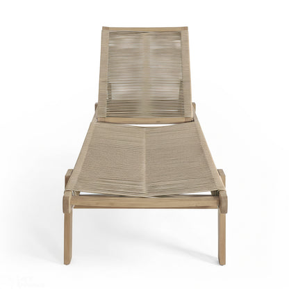 Aureli Hardwood Acacia Reclining Sun Lounger in Beige features a low wooden frame with a woven cord seat and backrest, offering adjustable reclining for outdoor relaxation.