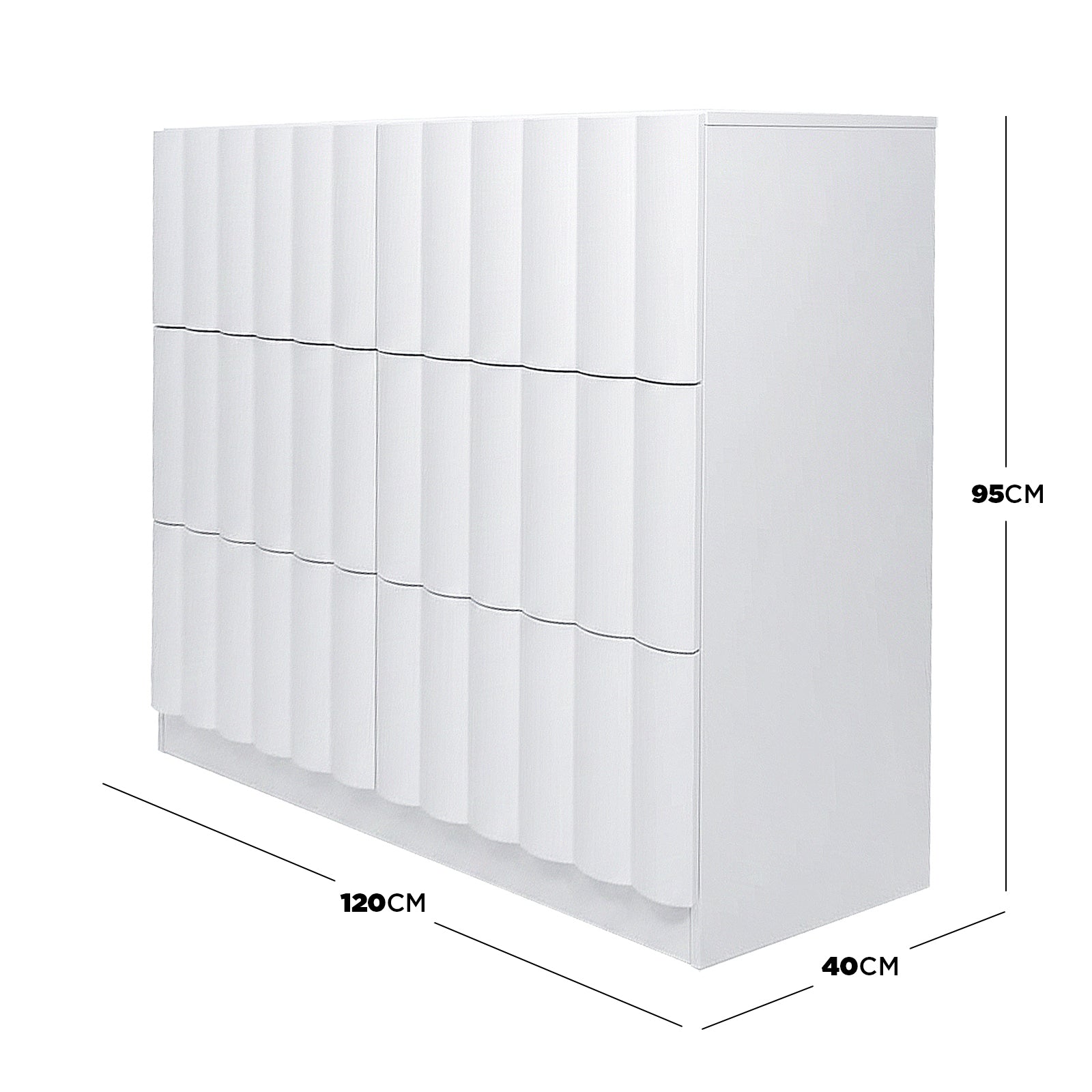 White modern storage cabinet showing dimensions 120cm x 40cm x 95cm on white background