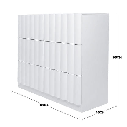 White modern storage cabinet showing dimensions 120cm x 40cm x 95cm on white background
