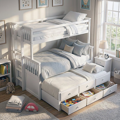 White bunk bed with light blue bedding in a bright children’s bedroom