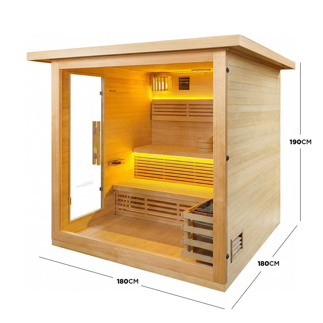 Modern wooden sauna cabin on a white background with measurements shown