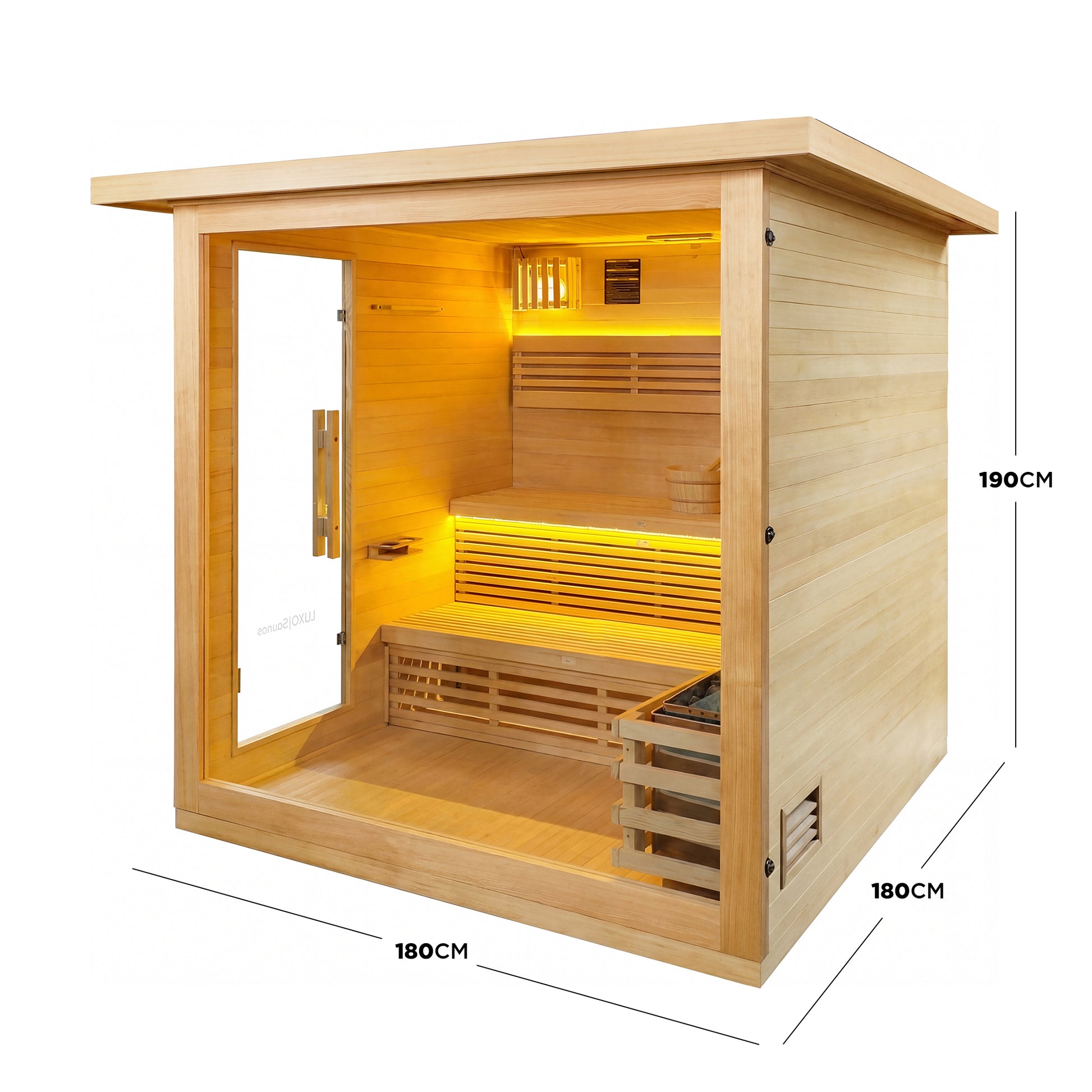 Modern wooden sauna cabin on a white background with measurements shown
