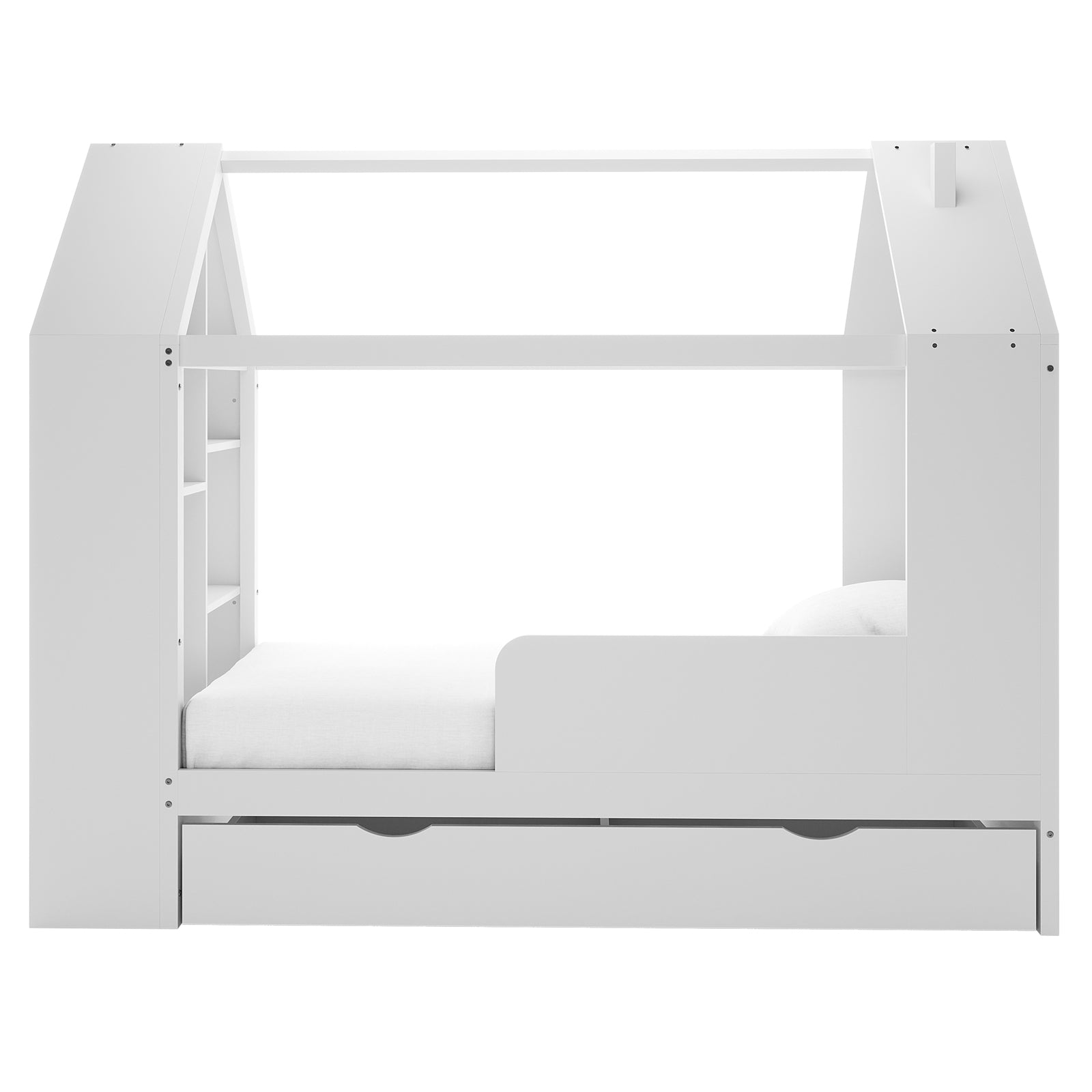Haron Single Cubby House Bed Storage in White, featuring a playhouse design with pitched roof rails, side guard-rail, built-in cubby shelves, and a pull-out trundle drawer beneath the mattress.