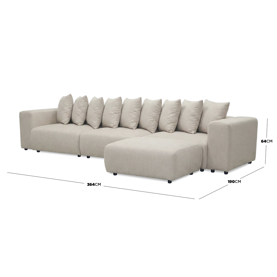 Sectional sofa with ottoman and dimension lines on white background