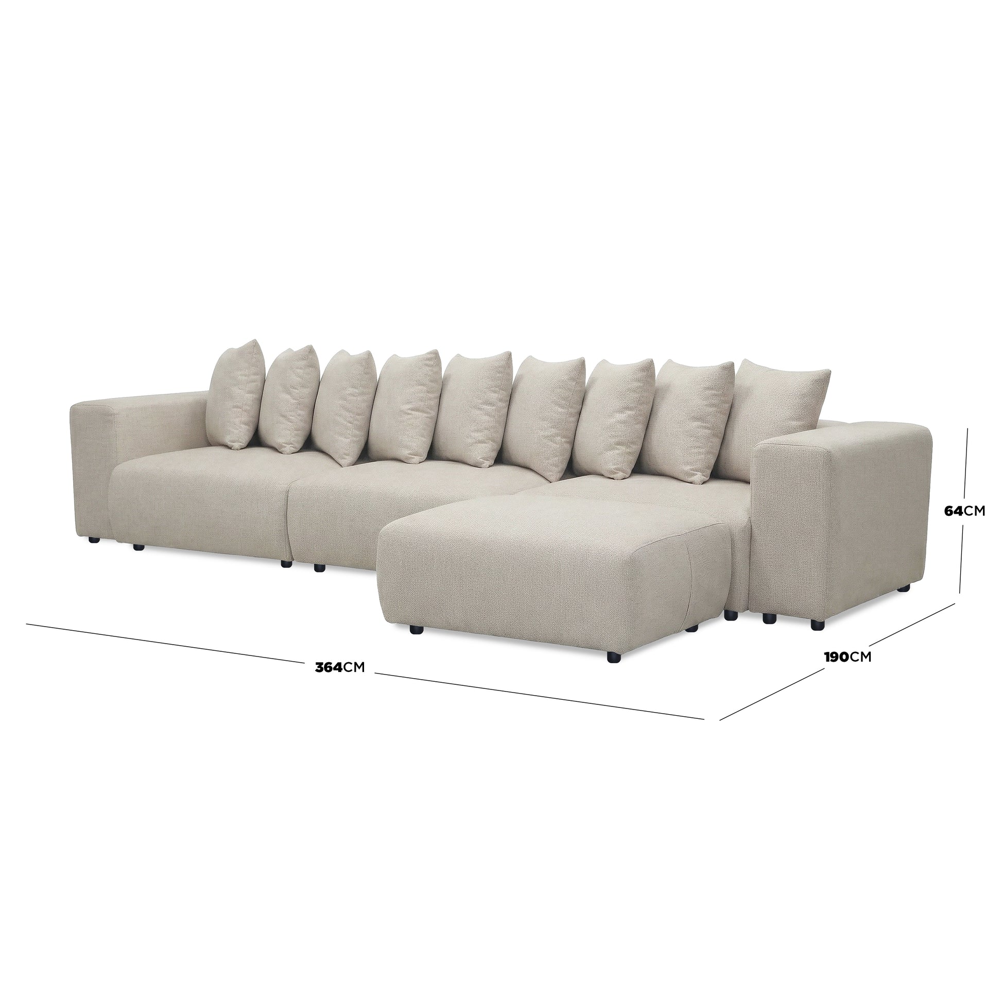 Sectional sofa with ottoman and dimension lines on white background