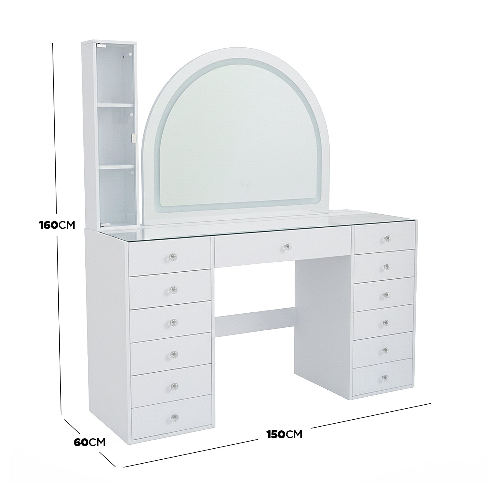 White vanity table with LED mirror and shelving, with dimension lines and measurements