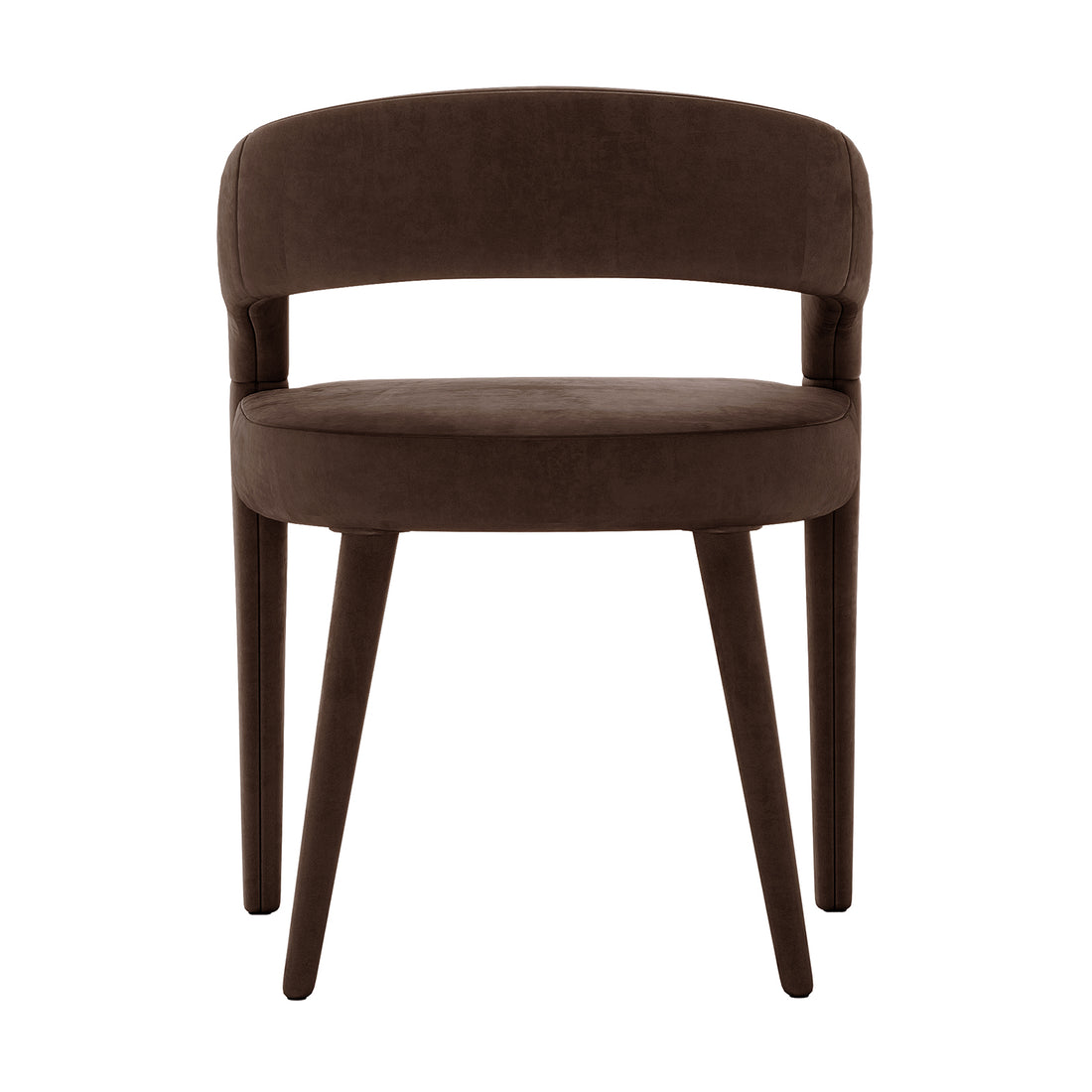 Eisha Velvet Dining Chair Set of 2 in Deep Mocha Brown, featuring a modern design with a rounded, upholstered seat and curved backrest, supported by four tapered legs for a sleek, contemporary look.
