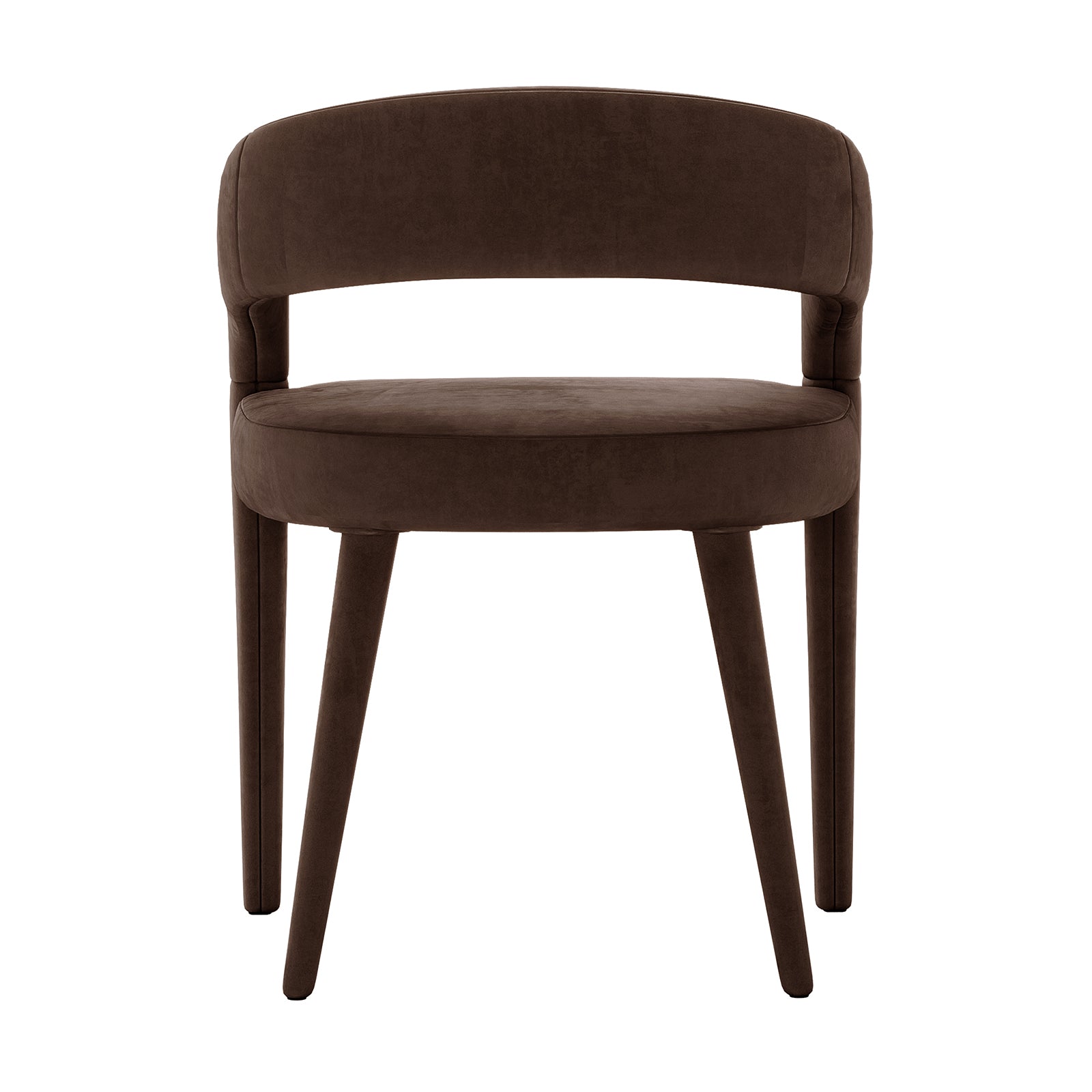 Eisha Velvet Dining Chair Set of 2 in Deep Mocha Brown, featuring a modern design with a rounded, upholstered seat and curved backrest, supported by four tapered legs for a sleek, contemporary look.