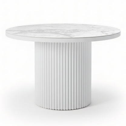 Evone 4 Seater Stone Outdoor Dining Table Set features a round white-marble-patterned tabletop on a cylindrical pedestal with vertical slats, embodying sleek modern outdoor design for compact spaces.