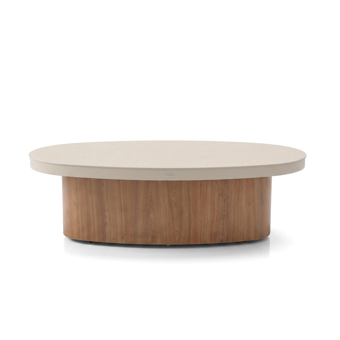 Oval coffee table with wood grain cylindrical base on a white background
