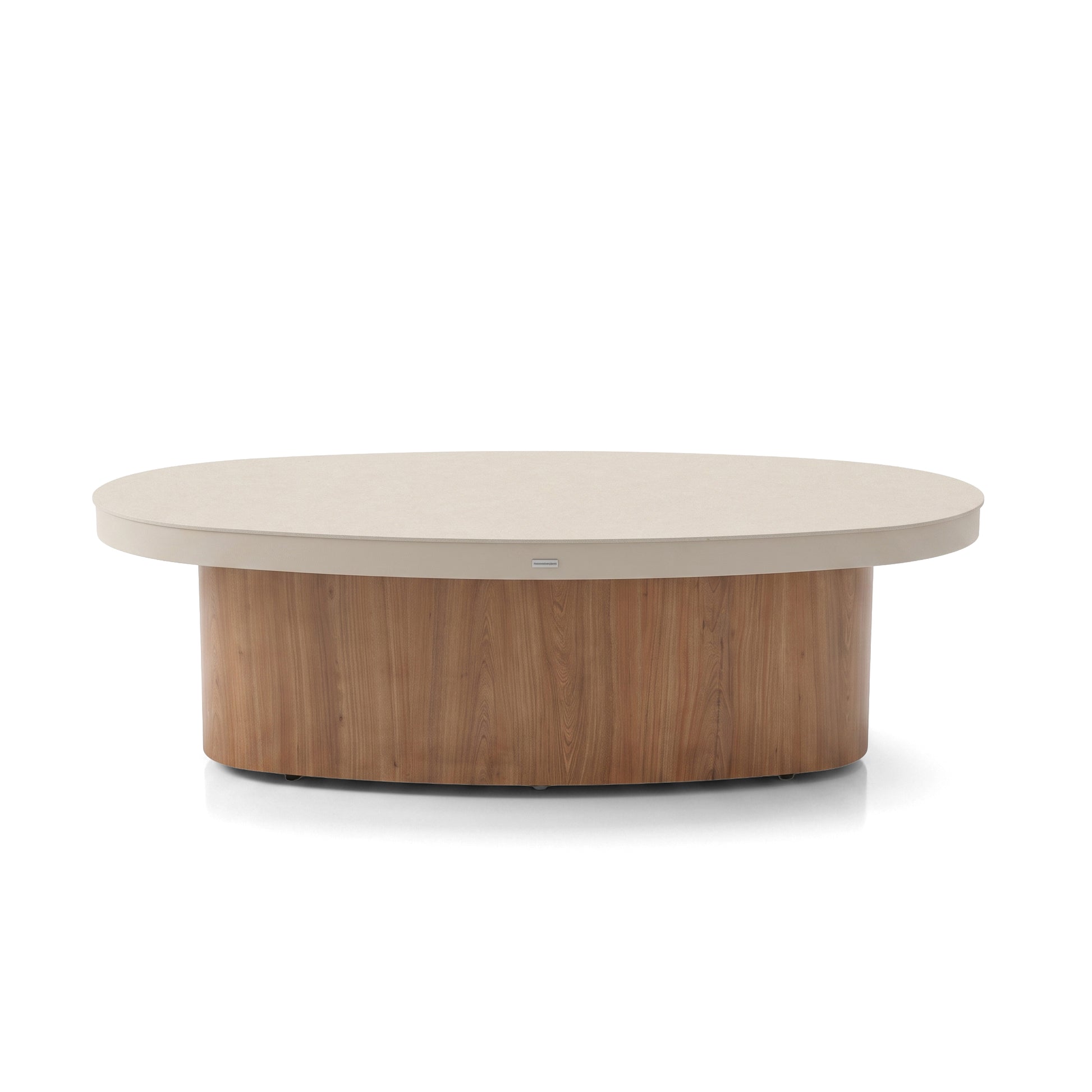 Oval coffee table with wood grain cylindrical base on a white background