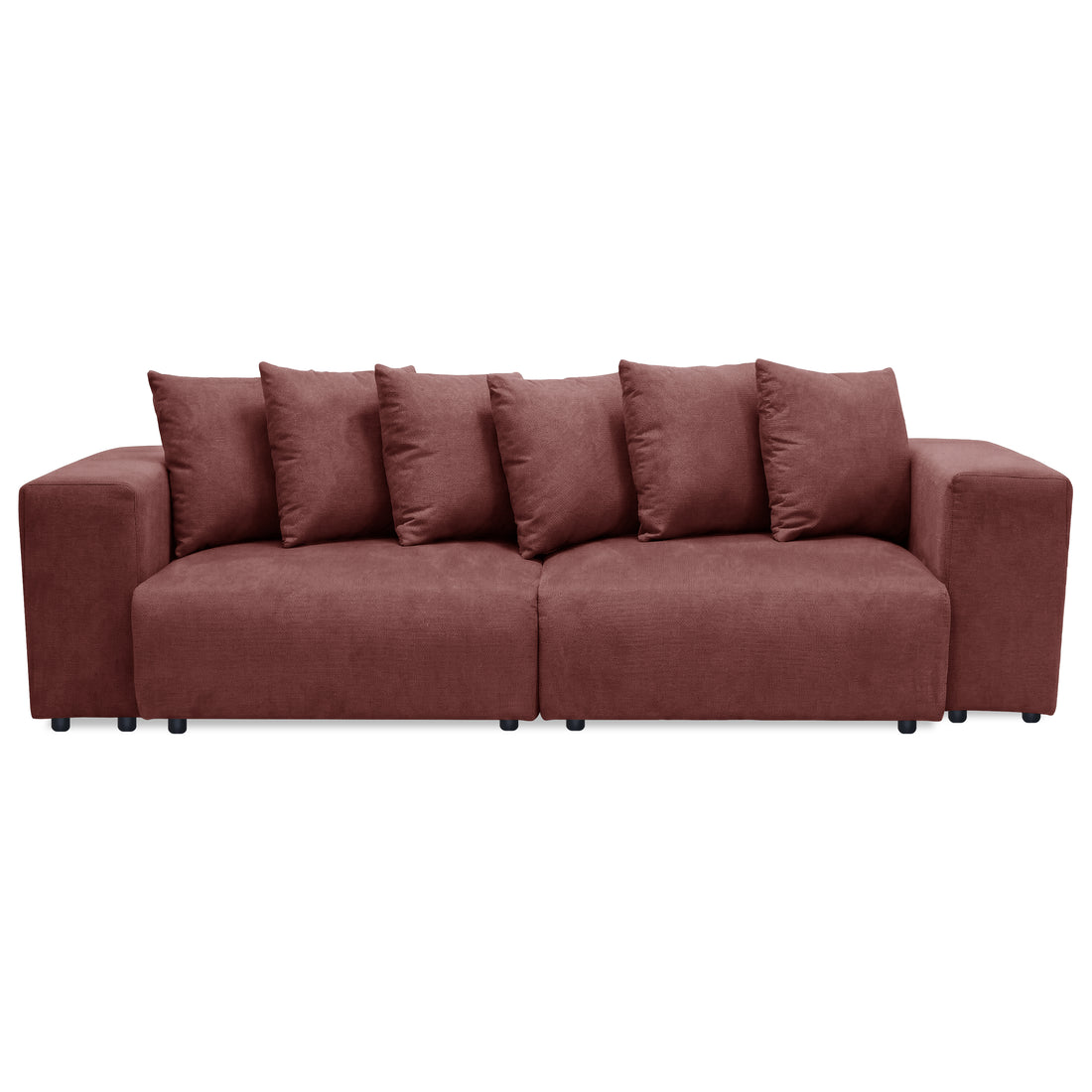 Three-seat burgundy sofa on white background