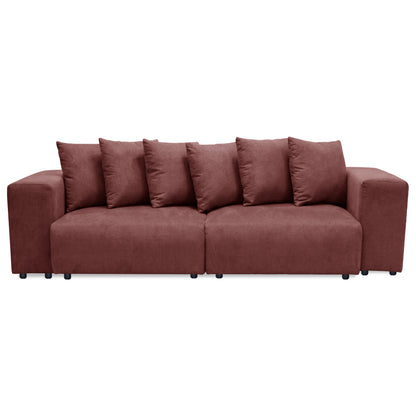 Three-seat burgundy sofa on white background