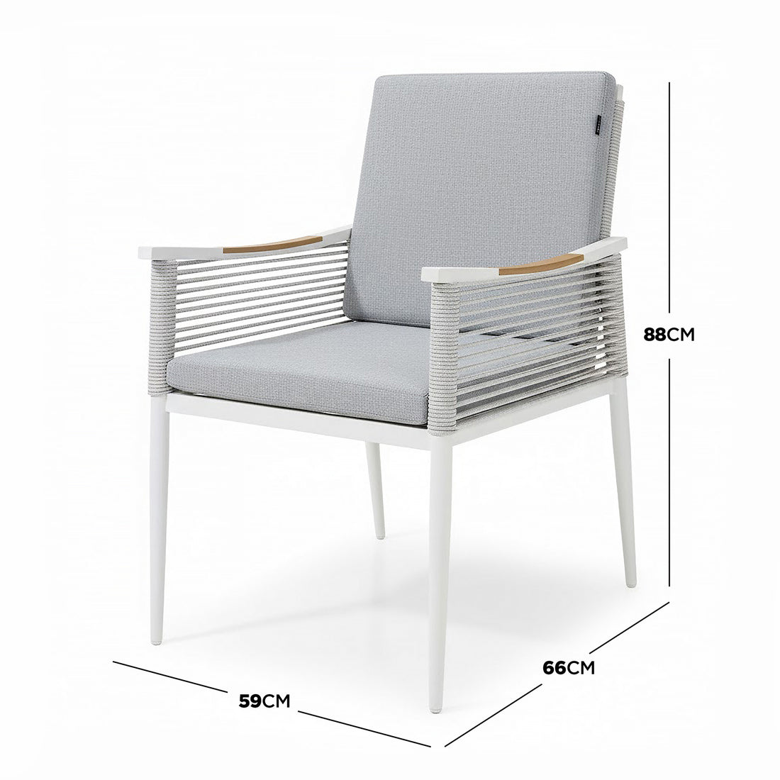 Casara 7 Piece Outdoor Dining Set in White & Grey featuring modern armchairs with powder-coated metal frames, rope detailing, and removable cushions, perfect for stylish and comfortable outdoor dining.