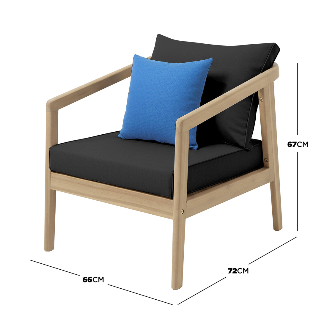 Delva 4 Seater Hardwood Acacia Outdoor Sofa Set in Black features a light wood armchair with thick black cushions and a bright-blue throw pillow, emphasizing comfort and style for outdoor lounging.