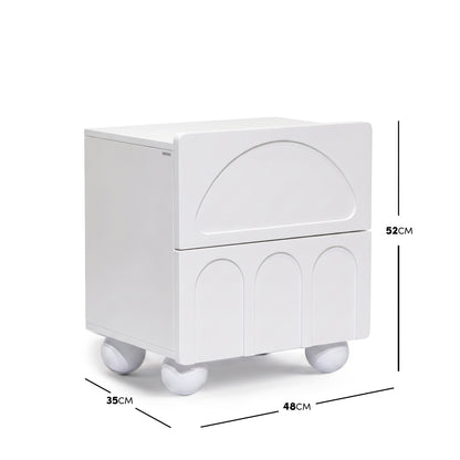 White rolling nightstand cabinet with two drawers shown on a white background with dimension measurements.