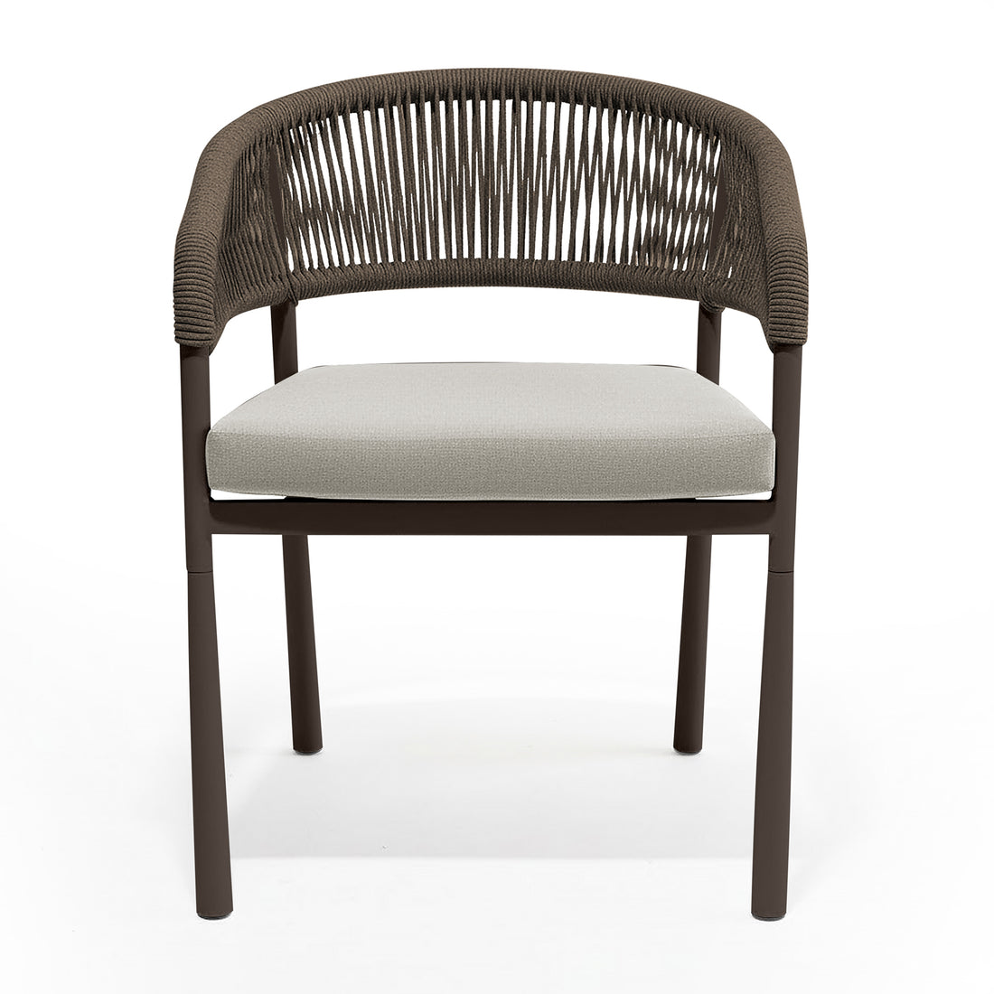 Coastal Outdoor Rope Dining Chairs Set of 2 in Brown, featuring a modern design with a metal frame, woven-rope wraparound back and arms, and light-colored seat cushions, ideal for outdoor dining.