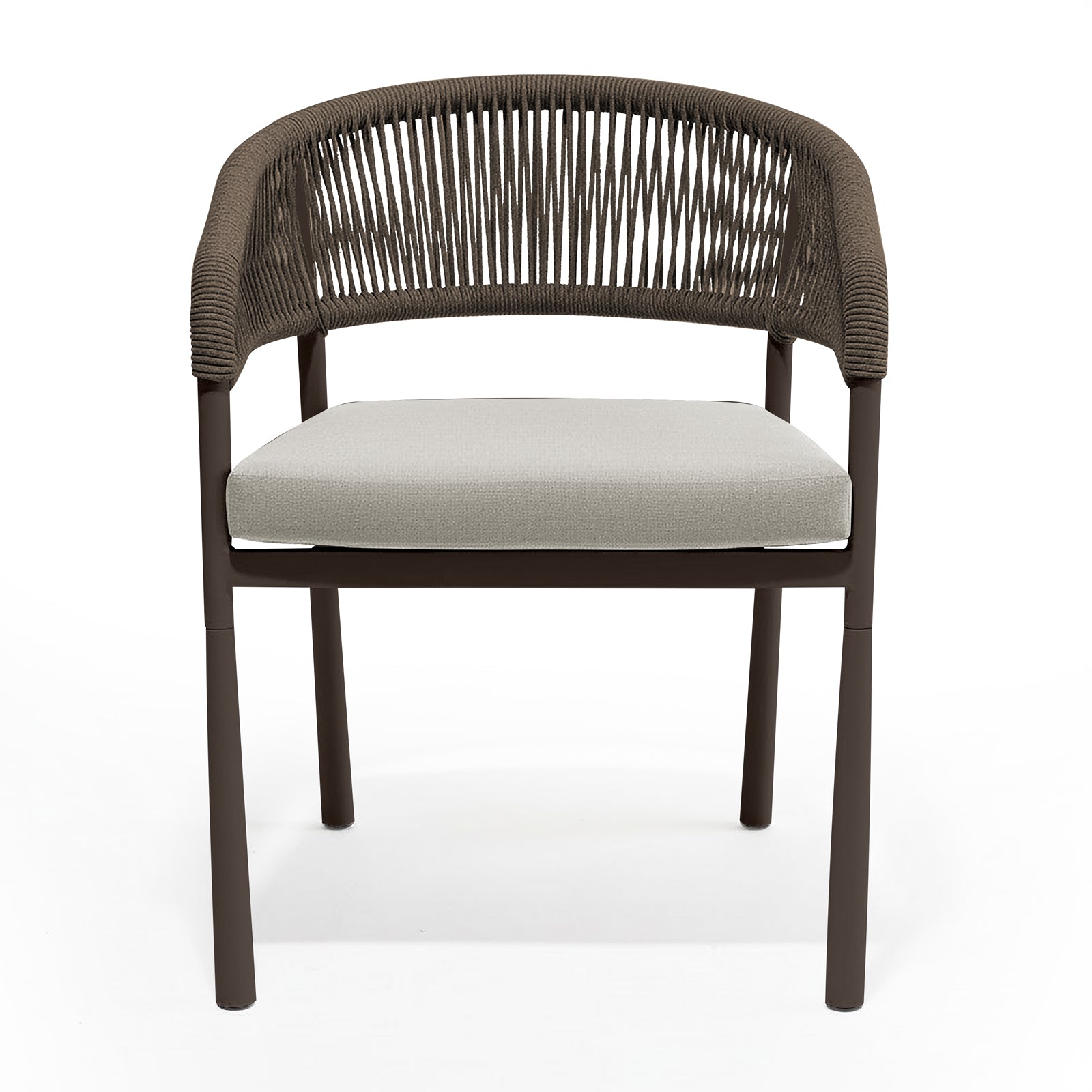 Coastal Outdoor Rope Dining Chairs Set of 2 in Brown, featuring a modern design with a metal frame, woven-rope wraparound back and arms, and light-colored seat cushions, ideal for outdoor dining.