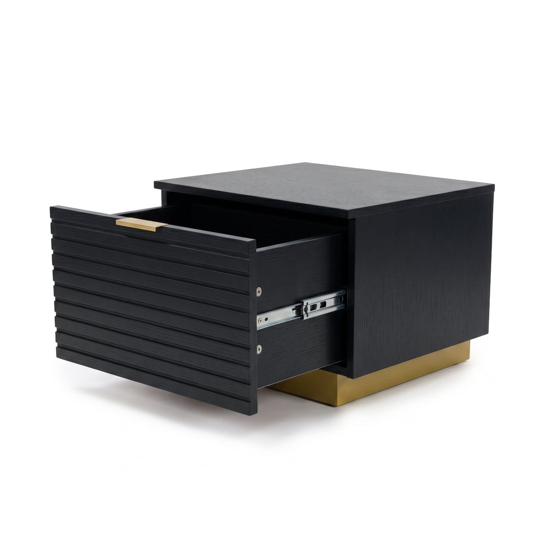 Black nightstand with partially open drawer on white background