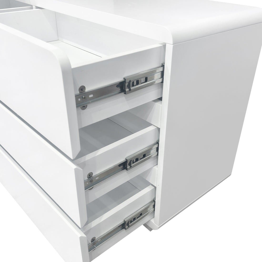 Eloura LED Mirror Dressing Table with Storage in White; modern design, three empty drawers with visible metal slides, ideal for organized beauty routines and efficient space use.