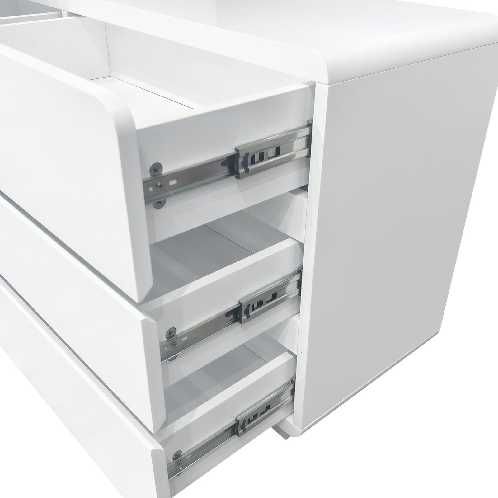 Eloura LED Mirror Dressing Table with Storage in White; modern design, three empty drawers with visible metal slides, ideal for organized beauty routines and efficient space use.