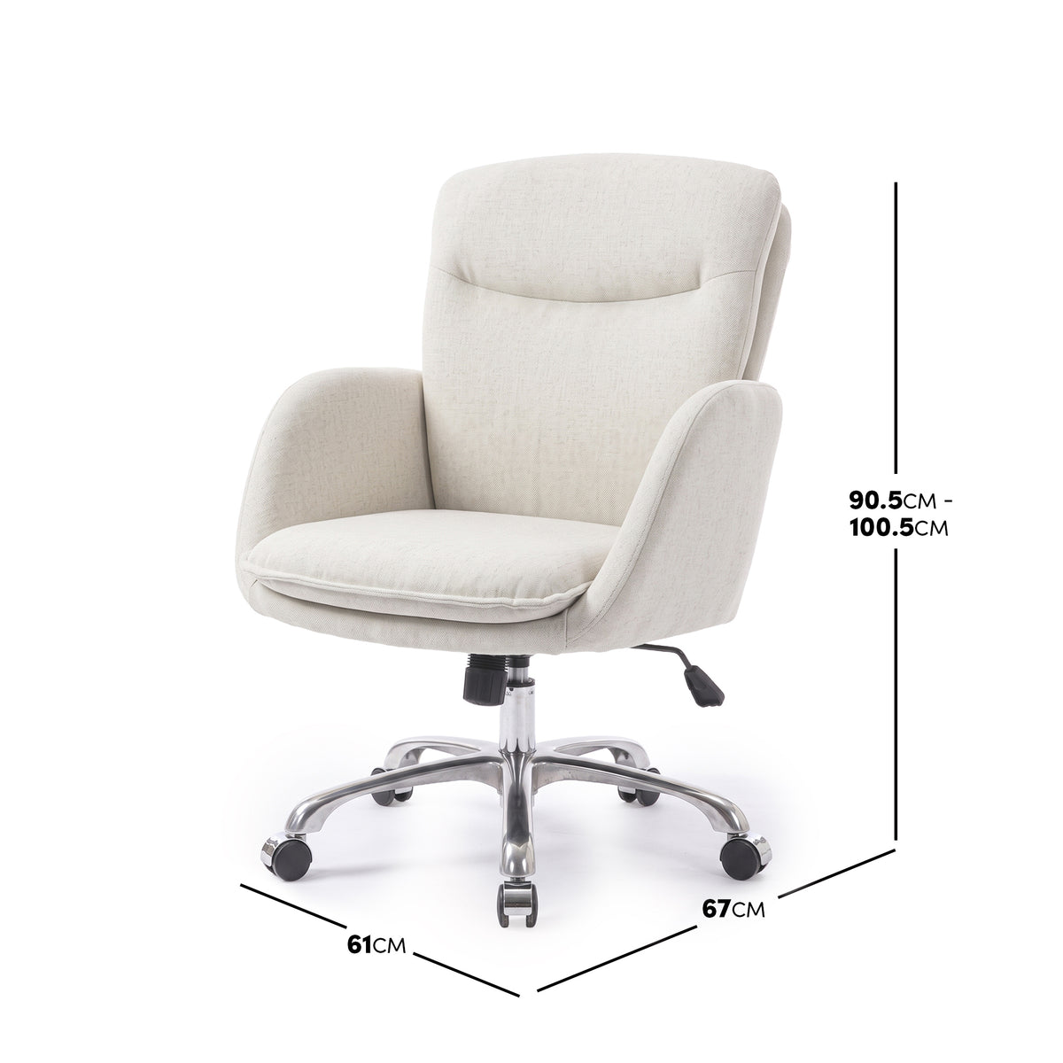 Beige office chair on a white background with dimension measurements shown