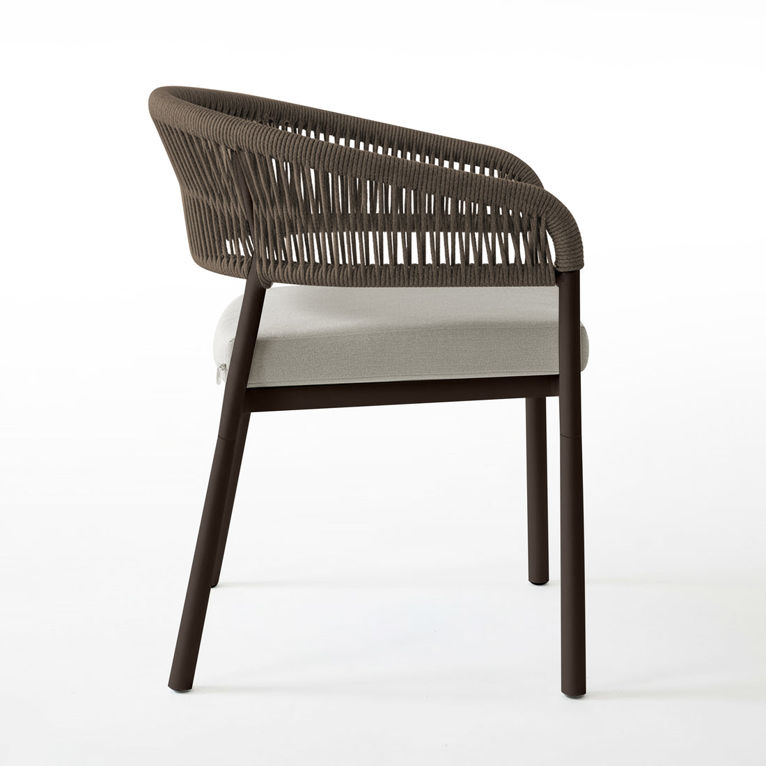 Coastal Outdoor Rope Dining Chairs Set of 2 in Brown, featuring a tubular metal frame, woven rope backrest, and light-beige cushioned seat; ideal for stylish indoor or covered-outdoor seating.