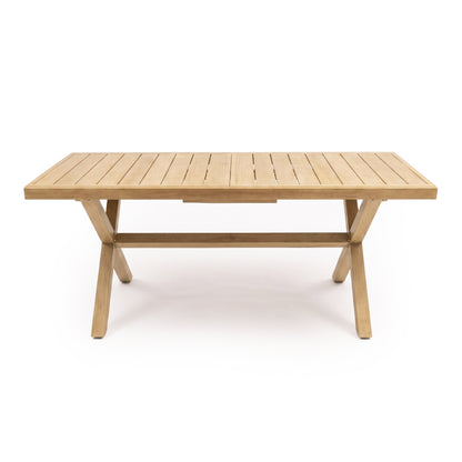 Rectangular wooden dining table on a white background