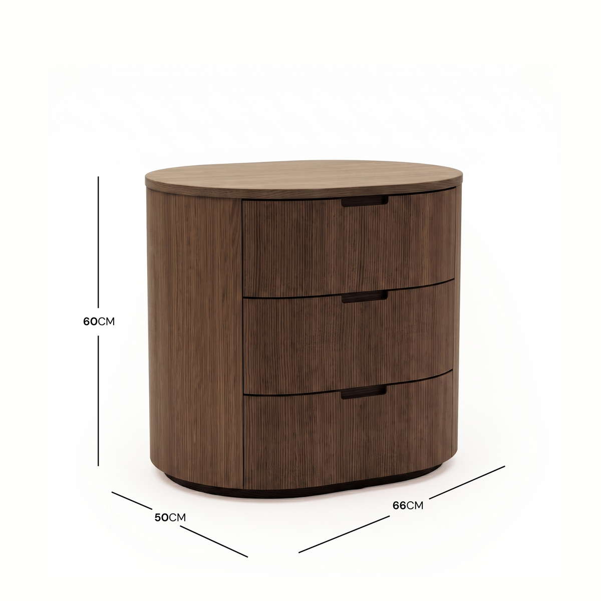 Wooden chest of drawers on white background with measurement lines showing dimensions