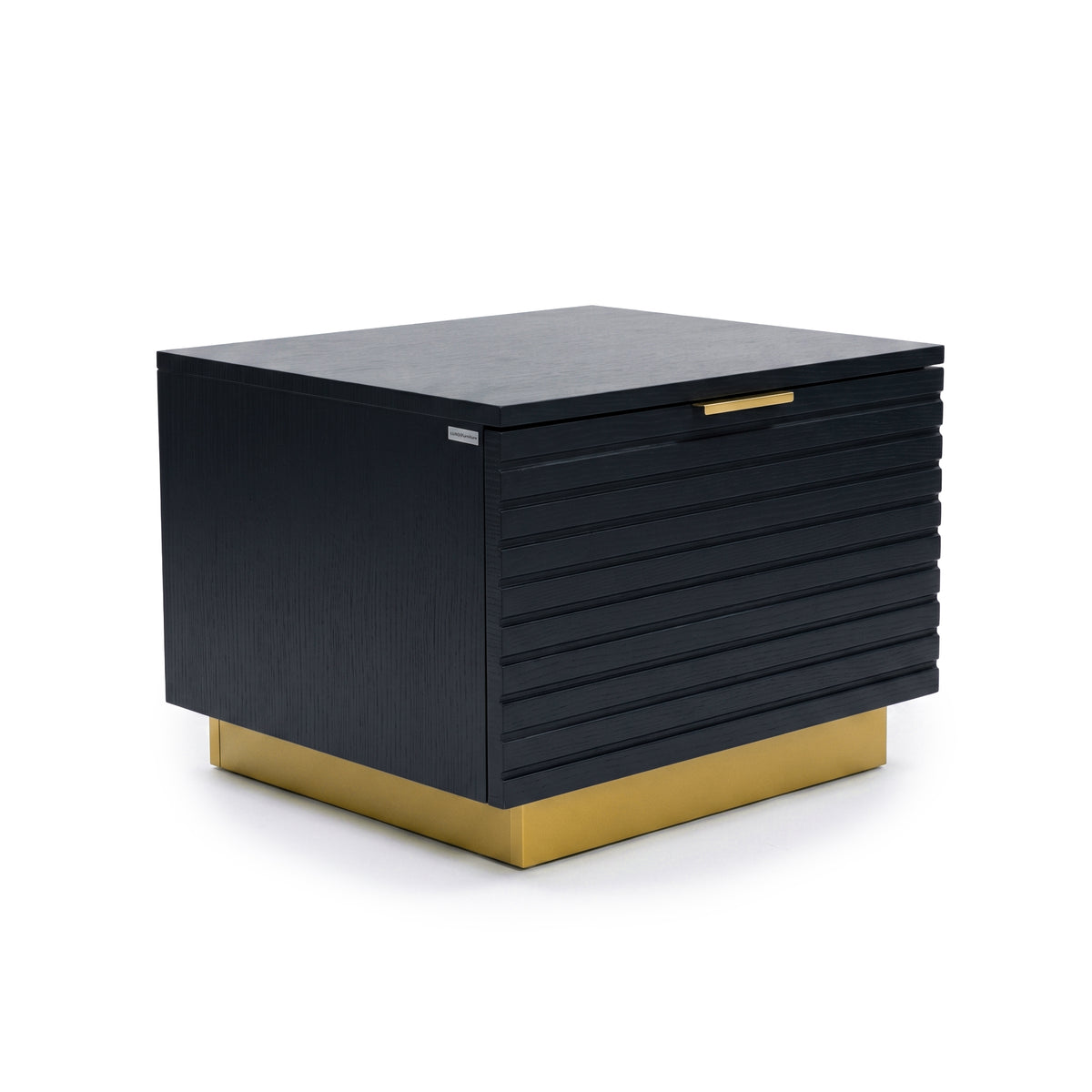 Black grooved nightstand with gold base on white background